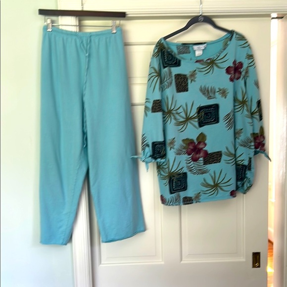 Rolled Hem Light Teal Floral Top 3/4 Sleeves Side Tie 100% Cotton Women’s 2X - Picture 8 of 12